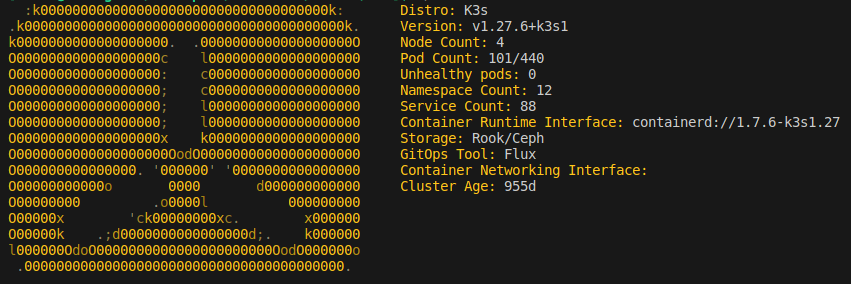 Kubefetch output showing basic cluster information including version, node count, pod count, age, etc.